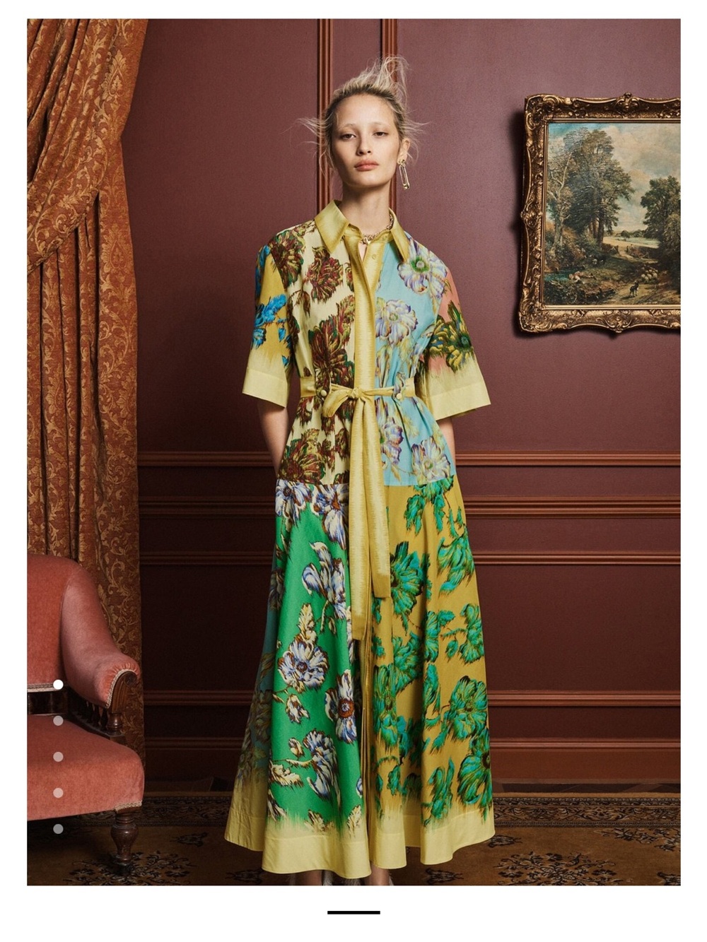 Alemais Yellow and Green Floral Patchwork Maxi Shirt Dress